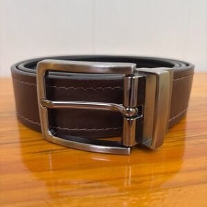 Leather‎ Belt Brown Black Reversible Mens 38 Metal Buckle Work Business